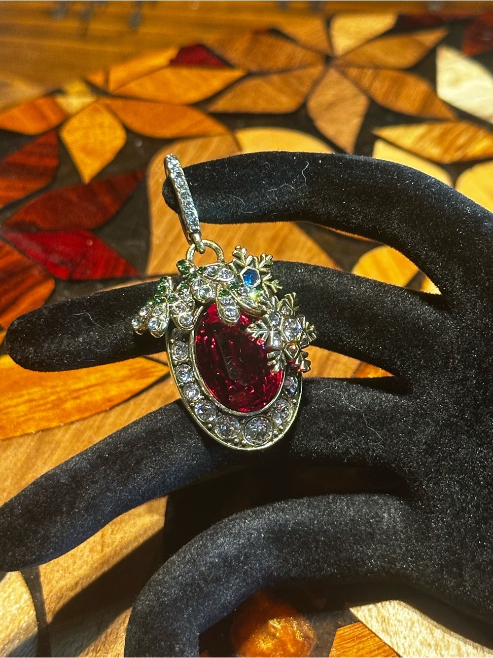 SOLD. Heidi Daus Gold-Tone Brooch with Deep Red Oval Crystal and Multicolor